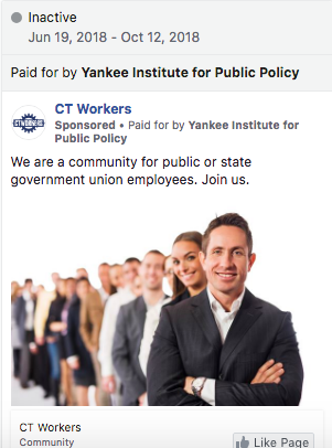 CT Workers Facebook ad, paid for by the Yankee Institute for Public Policy