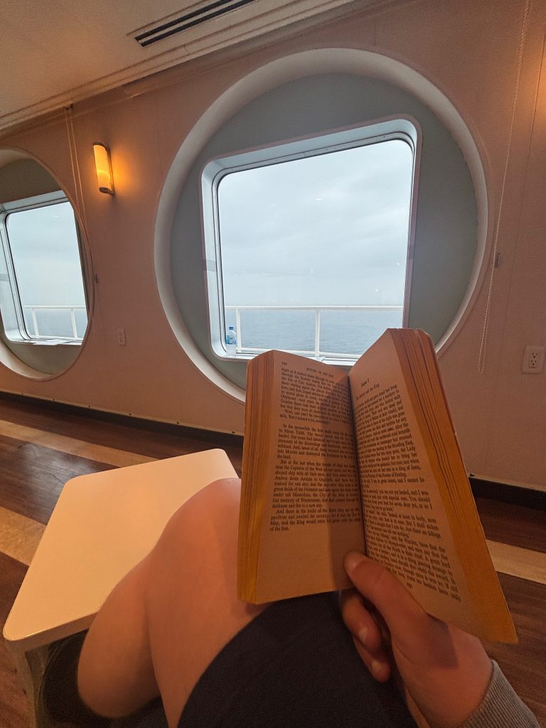 POV, reading a book in a common lounge area on the Japanese Sunflower ferry
