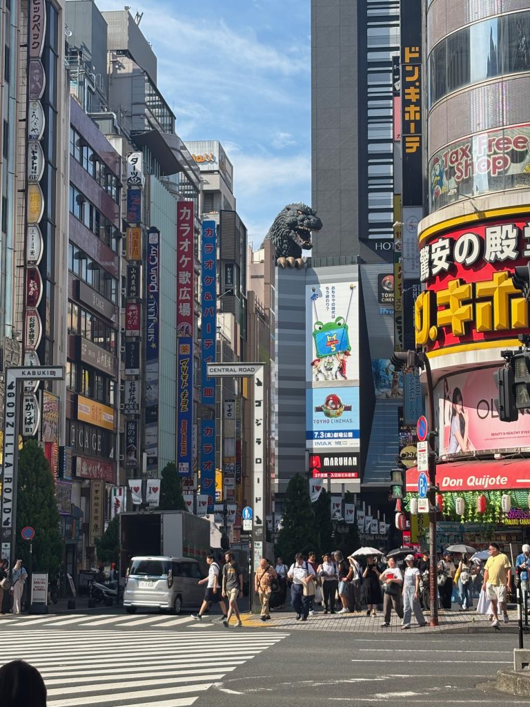 Life-size Godzilla in the Toho building in Shinjuku, Tokyo, Japan, as seen from the street