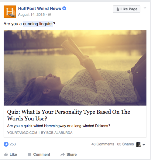 A Facebook post from the Huffington Post which egregiously uses a cunning linguist pun