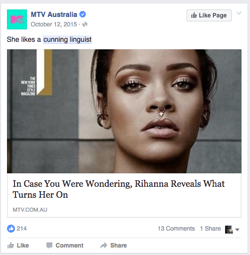 A Facebook post from MTV Australia which egregiously uses a cunning linguist pun